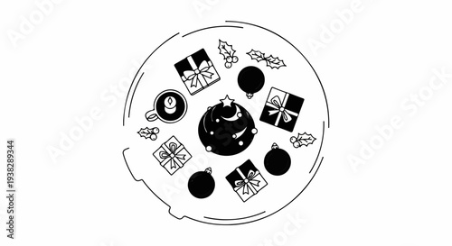 Festive still life arrangement with gifts, ornaments, and a hot drink