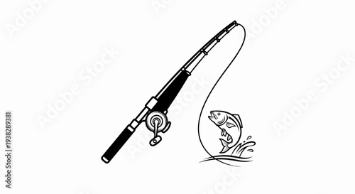 Fishing rod bent, with a leaping fish out of water