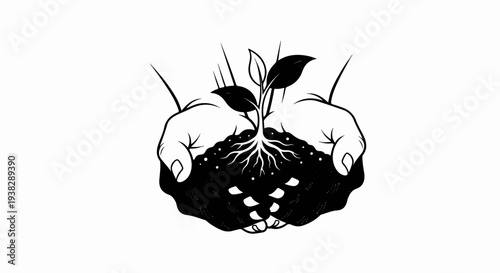 Hands cradle a young plant with visible roots and soil, symbolizing growth
