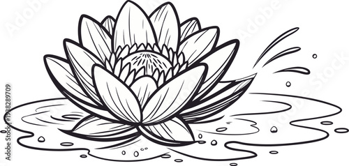 A stylized, symmetrical illustration of a water droplet or a blooming flower in a monochrome, line art style dominates the center of the frame. The central form is a teardrop or petal-like shape, intr