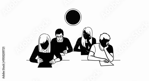 Four students appear bored and tired during a test under a clock
