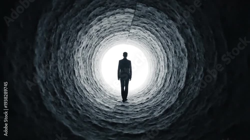 Man in dark tunnel light.