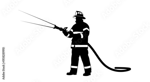 Firefighter silhouette with hose, spraying water
