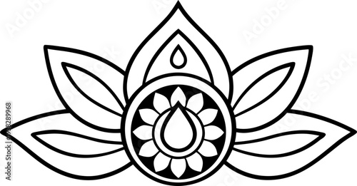 A stylized, symmetrical illustration of a water droplet or a blooming flower in a monochrome, line art style dominates the center of the frame. The central form is a teardrop or petal-like shape, intr