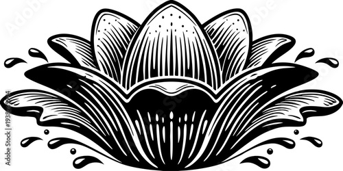 A stylized, symmetrical illustration of a water droplet or a blooming flower in a monochrome, line art style dominates the center of the frame. The central form is a teardrop or petal-like shape, intr