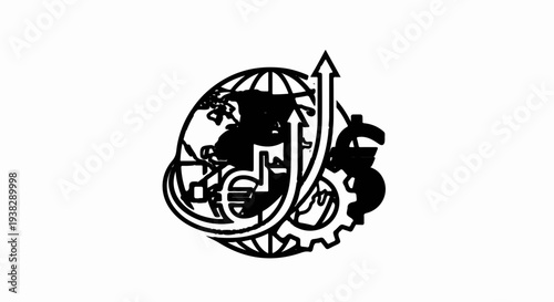 Global economy and finance concept with currency symbols, gear, globe, and growth arrow