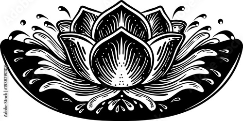 A stylized, symmetrical illustration of a water droplet or a blooming flower in a monochrome, line art style dominates the center of the frame. The central form is a teardrop or petal-like shape, intr