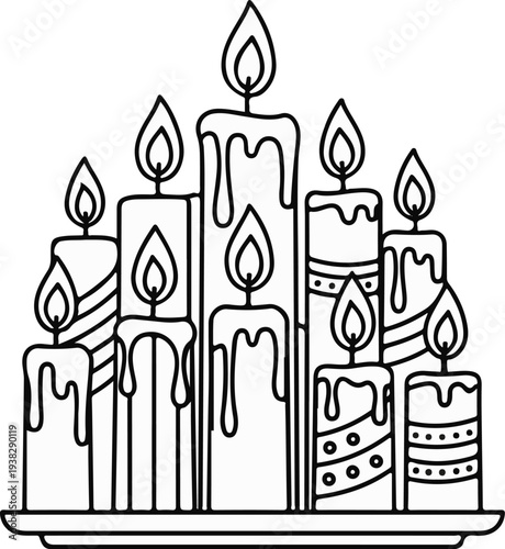 Numerous flickering candles are arranged on a decorative tray, casting a warm glow