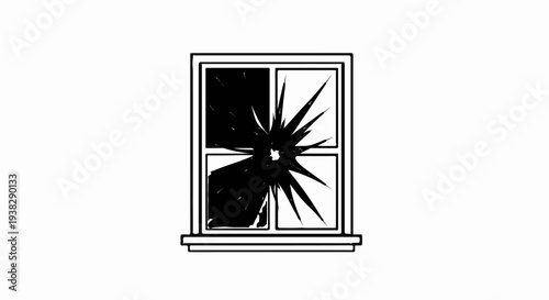A broken window pane is depicted as a graphic illustration with sharp shards of glass radiating outwards