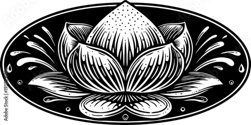 A stylized, symmetrical illustration of a water droplet or a blooming flower in a monochrome, line art style dominates the center of the frame. The central form is a teardrop or petal-like shape, intr