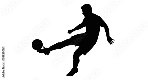 Silhouette of a soccer player kicking a ball, isolated on white