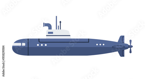 Blue submarine underwater with propeller and antenna