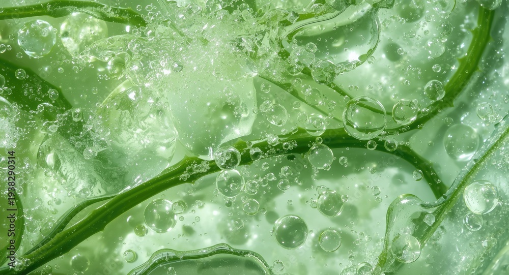 Fototapeta premium Cosmetics gel embedding aloe vera with bubble filled texture