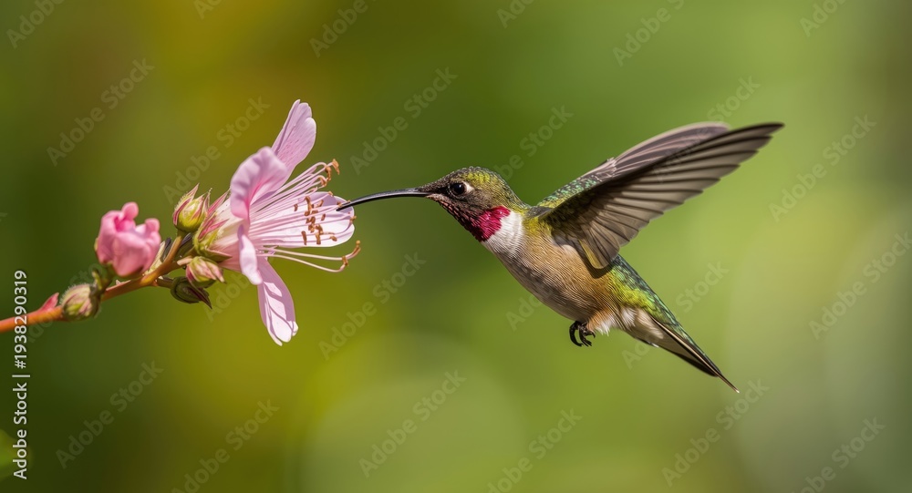 Obraz premium Energetic hummingbird fluttering near fragrant blossom to sip nectar