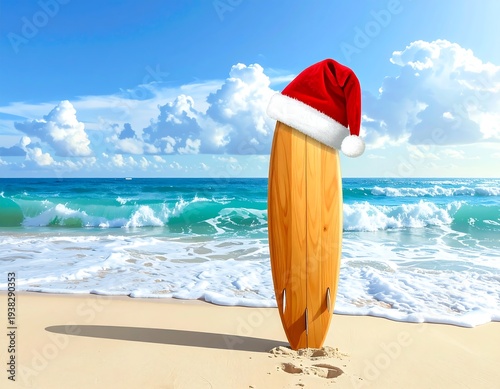 Surfboard with Santa hat on beach, turquoise water. Waves, sand, sun, tropical holiday scene