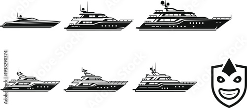 Elegant collection of luxury yacht vector illustrations in black and white, showcasing diverse boat designs with unique emblem logo, perfect for maritime branding and nautical themes