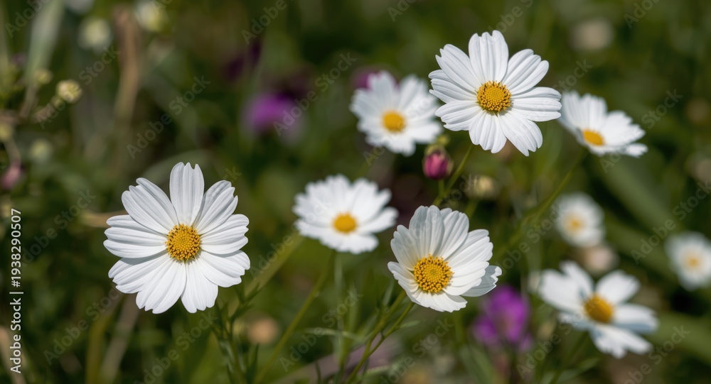 Fototapeta premium Beautiful white cosmos flowers blooming vibrantly in a summer garden setting