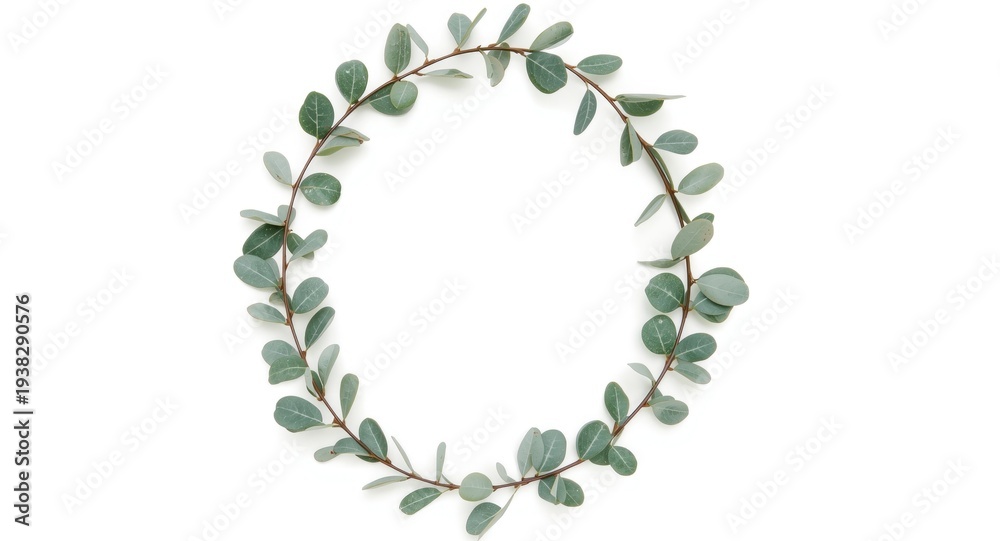 Obraz premium Botanical oval wreath featuring eucalyptus leaves on a stark white flat background