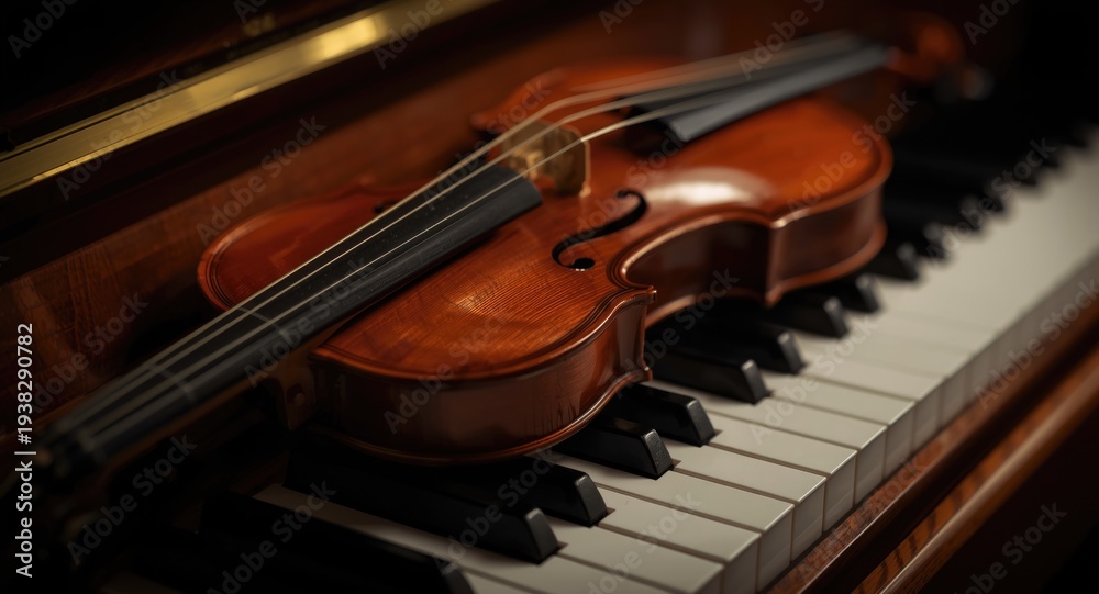 Fototapeta premium Close up composition of a violin resting on the pristine keys of a piano