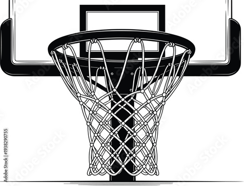 Basketball hoop silhouette, net illustration design, sports icon graphic, athletic game equipment outline, court rim perspective art, fitness motion symbol