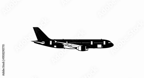 Black silhouette of an airplane with open doors, revealing interior