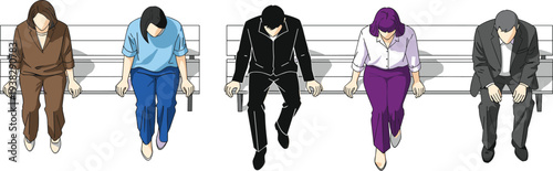 Vector illustration of diverse business people sitting on a bench in flat anime style, featuring men and women in professional suits from above.