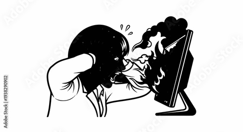 Person reacting with distress to a burning computer screen, smoke billowing