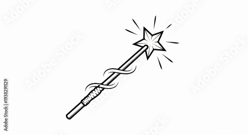 A simple black and white illustration of a magical wand with a star tip and decorative swirls