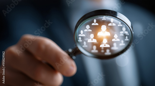 Focus on Candidate: A close-up view of a hand holding a magnifying glass, focusing on a group of potential candidates, highlighting the essence of human resource and recruitment.