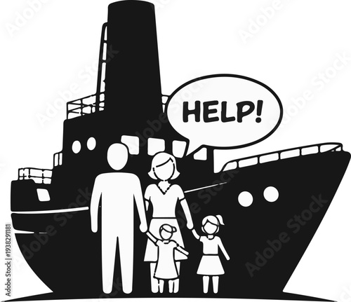 Family stranded at sea on a ship, seeking help