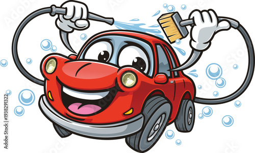 Car wash cartoon mascot washing himself