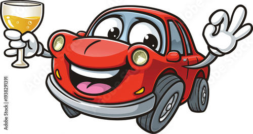 Cartoon car mascot holding a glass of drink
