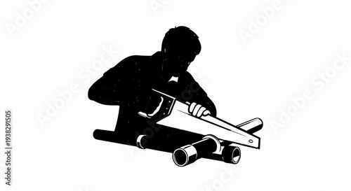 Person sawing through pipes with a handsaw