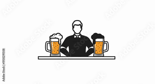 Silhouette of a server with two frothy beer mugs on a counter