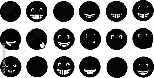 Collection of black circles with various white smiley faces, some blank
