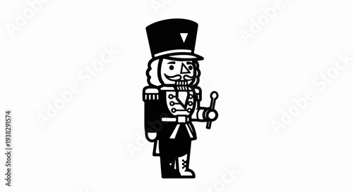 A stylized black and white drawing of a nutcracker soldier with a drumstick