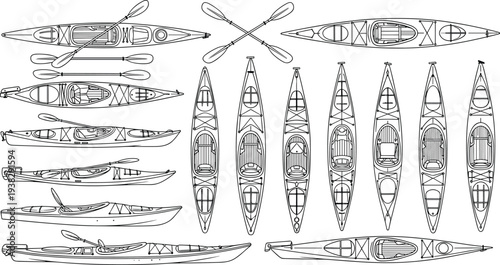Vector line art illustration set of sea kayak icons with paddles and touring boats top and side view isolated on white background for design