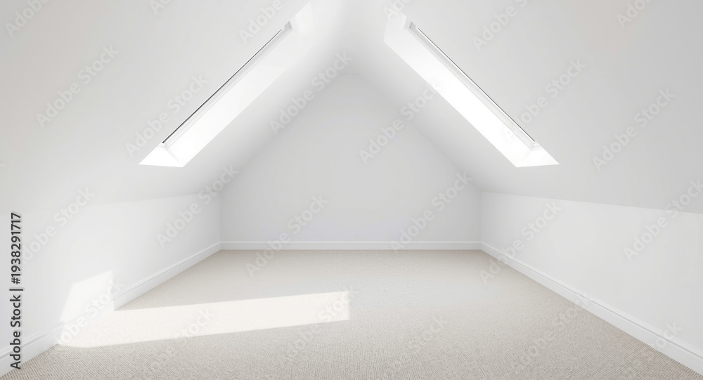 Obraz premium Attic bedroom space with bright white walls and skylight windows paired with a modest bathroom in a double exposure mockup image