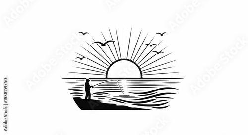 Silhouette of a person fishing at sunrise over the ocean with birds flying