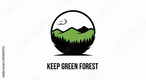 Circular logo depicting a green landscape of mountains and pine trees under a crescent moon