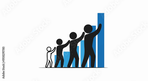 Silhouettes of people growing taller alongside ascending blue bars