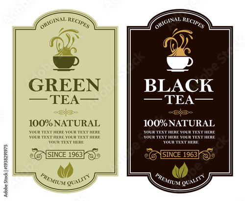 collection of green and black tea labels