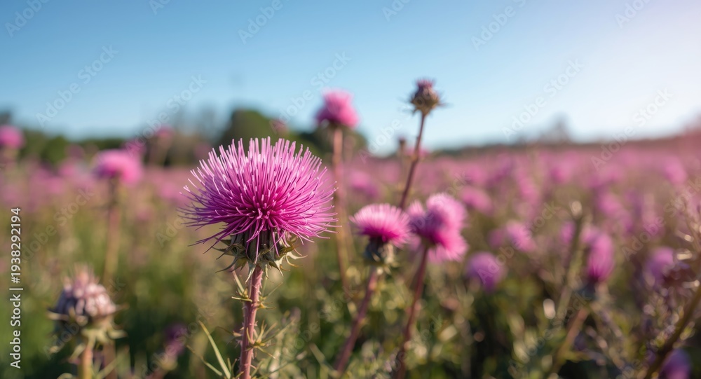 Fototapeta premium Pink blessed milk thistle flowers blooming in a sunny herbal field