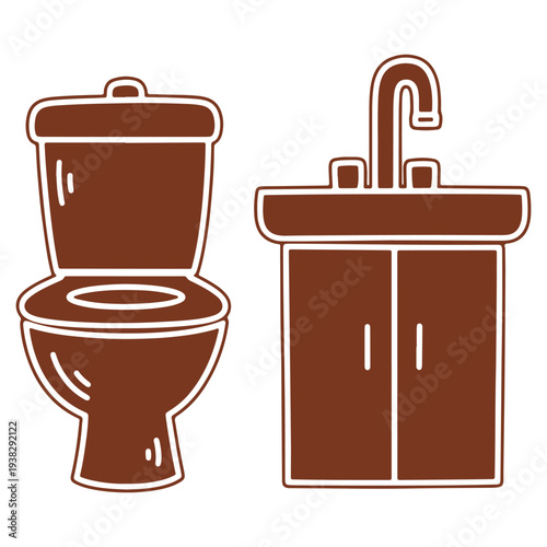 Icon set of bathroom fixtures featuring a toilet and sink in a minimalist style with a white background