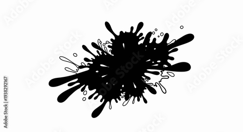 Abstract black ink splash with thin line details and circles on white