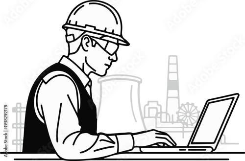 Engineer at laptop, with industrial plant in background