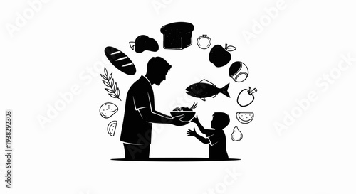 Father offers food to child surrounded by fruits, bread, and fish