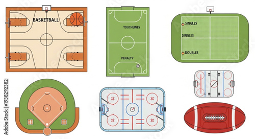 Collection of Various Sports Field Illustrations Top View.