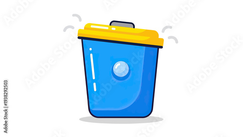 Blue Trash Can with Yellow Lid Isolated on White Background
