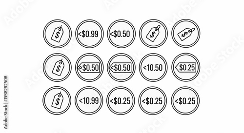 Price tag icons with varying dollar amounts and labels